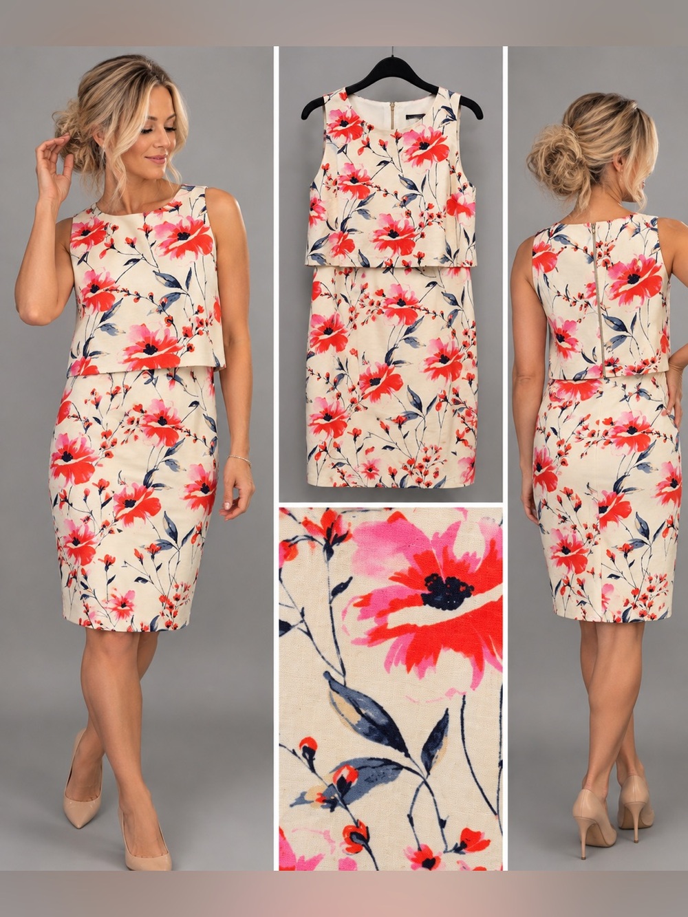 Ivanka Trump Off-White Floral Layered Midi Dress Size 10